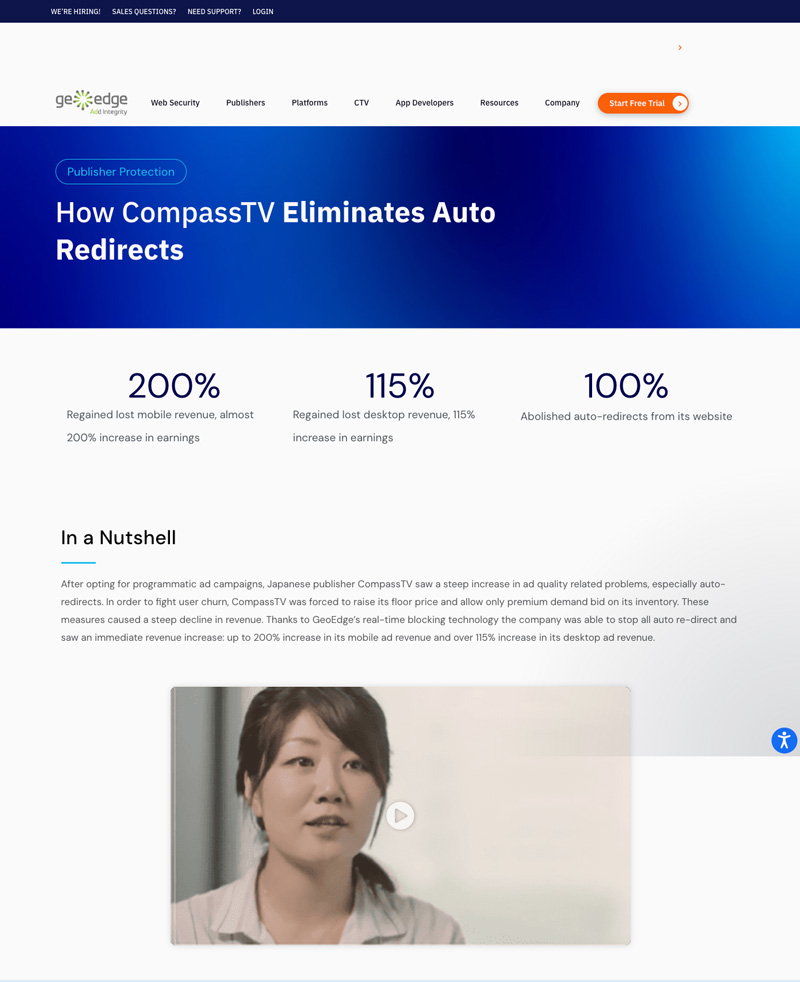 GeoEdge's own case-study page for CompassTV, with the finished film embedded on it