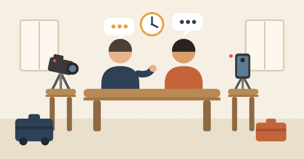 Flat illustration of a two-person interview recording: two speakers at a large conference table, with a low tripod camera and a vertical smartphone camera set on the table